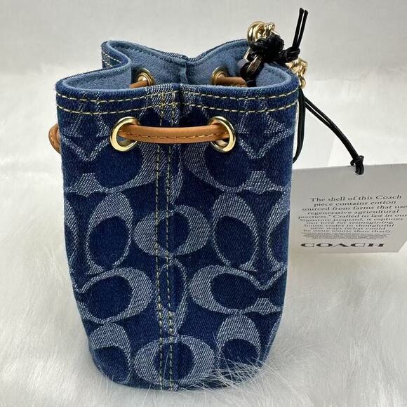 Coach Drawstring Wristlet In Signature Denim Gold/Denim Blue Natu… - Picture 6 of 12